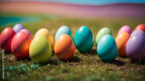 colorful Easter eggs stand in a row