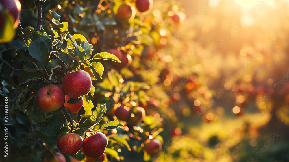 Fruit apple orchard with ripe apples in sunset lighting.