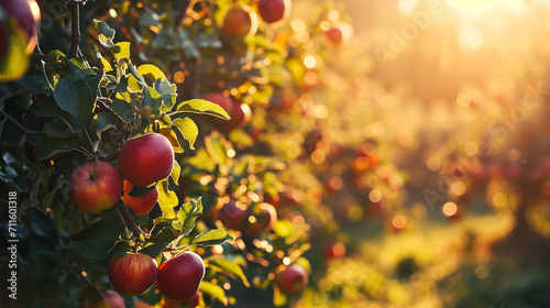 Fruit apple orchard with ripe apples in sunset lighting.