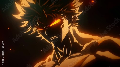 Strong male black haired anime character with glowing eyes in a fire Generative AI 