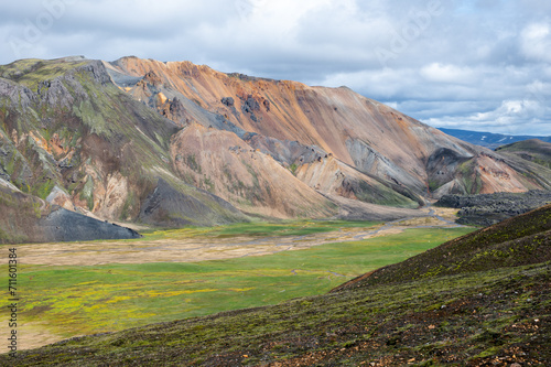 The picturesque Icelandic landscape of rainbow volcanic rhyolite mountains in cloudy weather on Icelandic highlands at Landmannalaugar, Iceland. Famous Laugavegur hiking trail. Iceland in august.