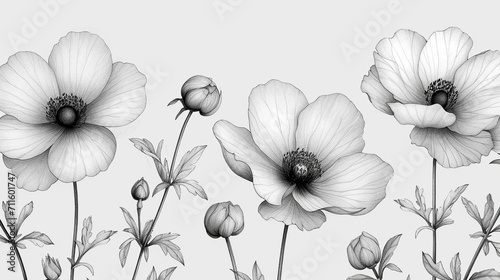 Black and white illustration of a tiny small flower that is blooming with a white background. Minimalist style.