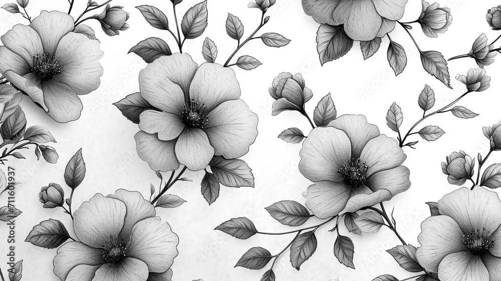 Black and white illustration of a tiny small flower that is blooming with a white background. Minimalist style. - obrazy, fototapety, plakaty 