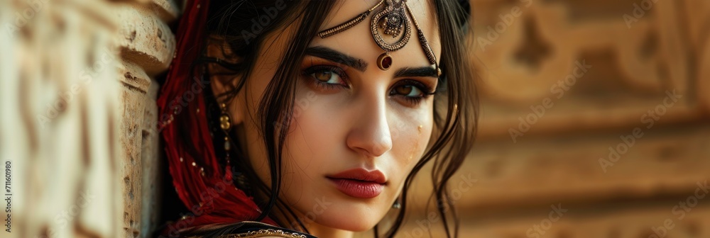 Woman in the Goddess Ancient Indus Valley Civilization Beauty Style - Beautiful Goddess Girl Background created with Generative AI Technology - obrazy, fototapety, plakaty 