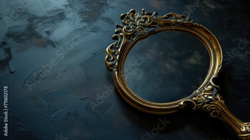 Vintage golden hand mirror on a dark textured surface photo