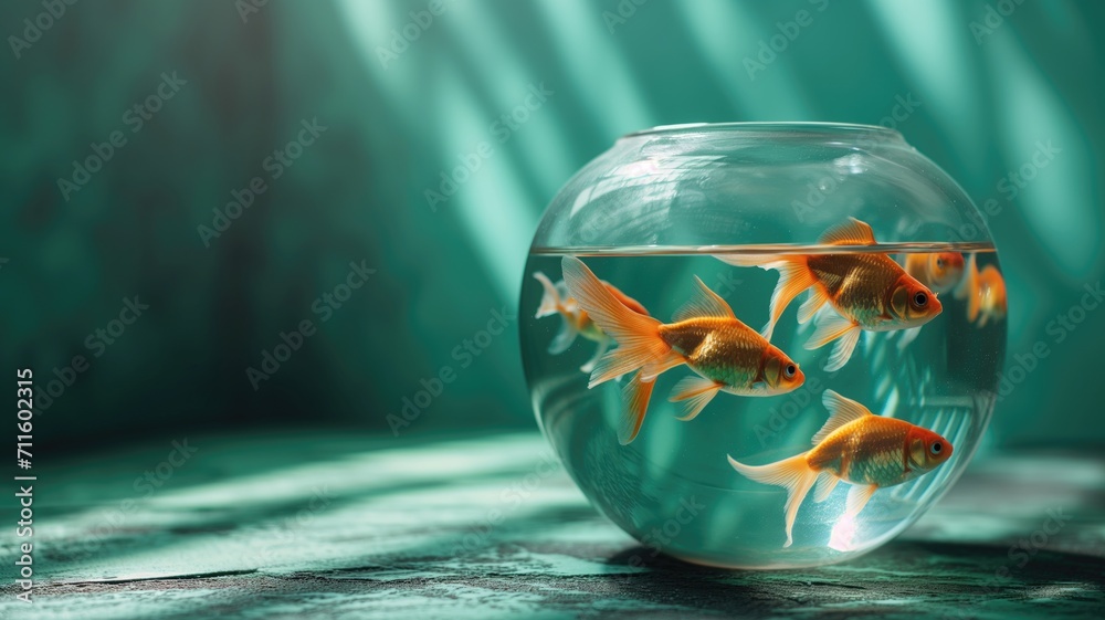 Goldfish swimming in a bowl on a green backdrop