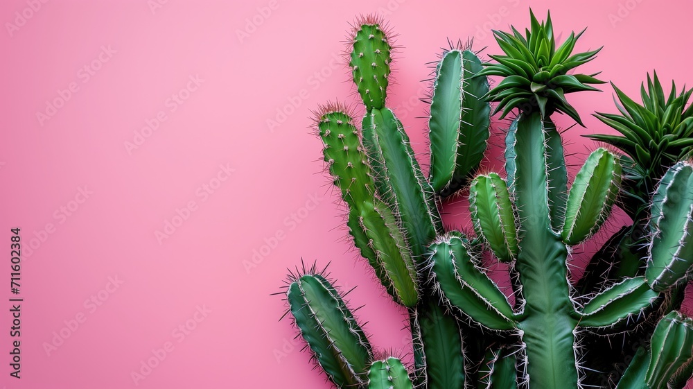 Tall green cacti with spiky thorns against a gradient pink background Tall green cacti with spiky thorns against a gradient pink background