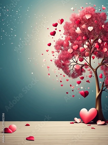 Tree of love with red hearts. Valentine's day card with copy space
