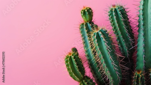 Green cacti with sharp spines against a soft pink background