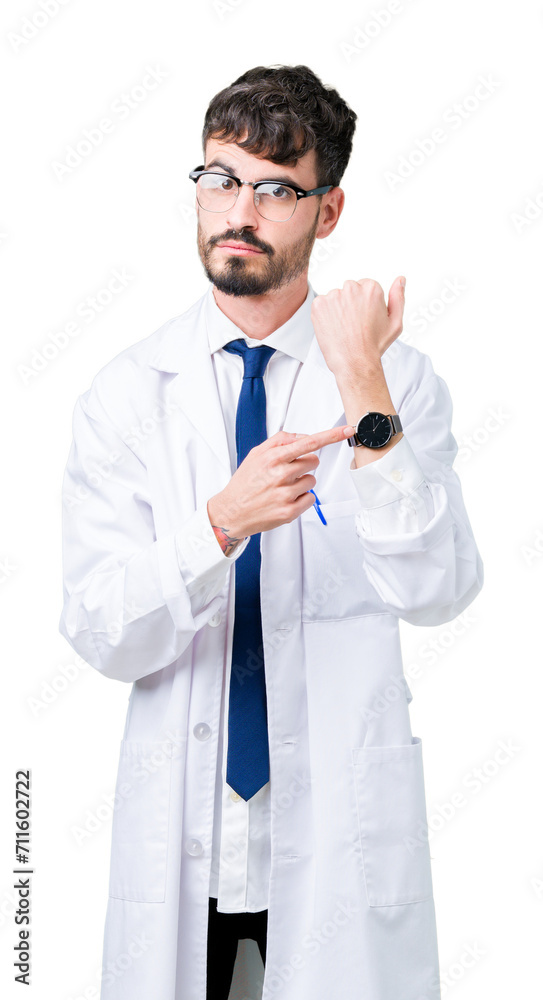 Young professional scientist man wearing white coat over isolated background In hurry pointing to watch time, impatience, upset and angry for deadline delay Young professional scientist man wearing white coat over isolated background In hurry pointing to watch time, impatience, upset and angry for deadline delay