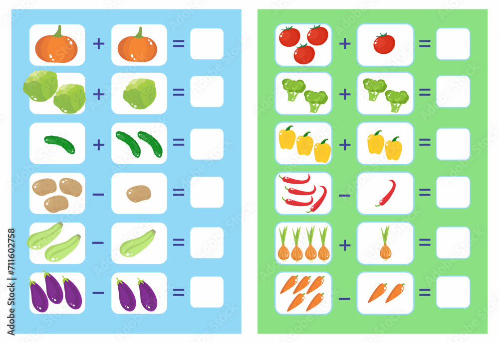 Worksheet for kindergarten and preschool education. Addition and subtraction. Vegetables. Examples in mathematics. Vector illustration.