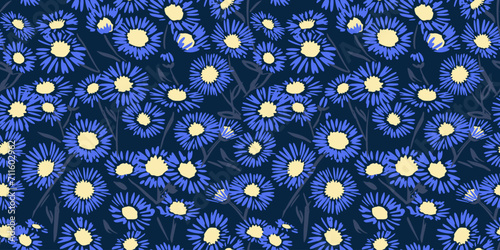 Artistic shape blue floral chamomiles seamless pattern on a dark black background. Vector hand drawn ditsy flowers. Vibrant retro print collage. Design ornament for fashion, fabric, interior, textile