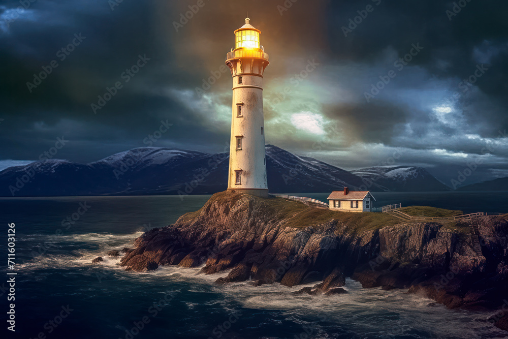 Leuchtturm bei Nacht an einer felsigen Küste, Generative AI
