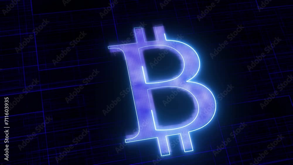 Bitcoin cryptocurrency icon animation blue digital technology background. Bitcoin cryptocurrency icon animation blue digital technology background.
