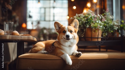 Cute corgi dog sitting on the sofa in a pet-friendly cafe © dwoow