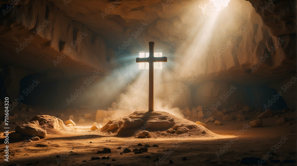 cross in a cave in the rays of sun and dust