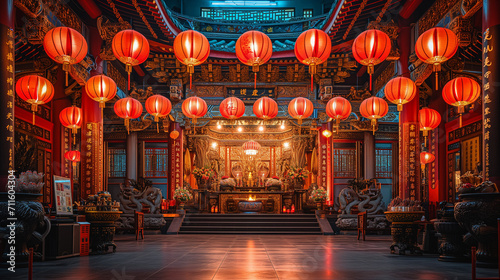 Chinese new year  Decorated temple  Chinese lanterns  Chinese temple  festival  prosperity and luck  decorations with red background