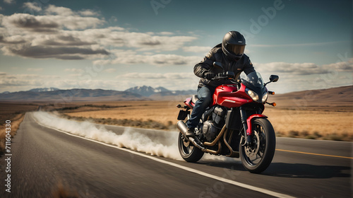 A motorcycle rider speeding on a road© Mariana