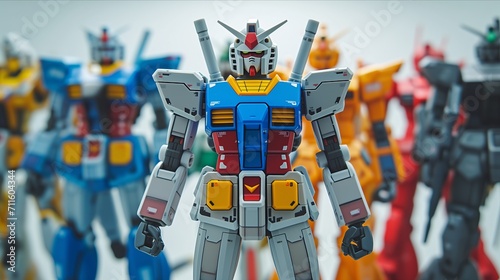 Japanese famous giant robot anime toy characters. Gundam models. Generative AI