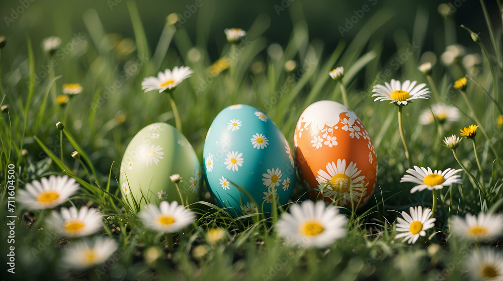 Easter eggs with a print of daisies lie in the green grass Easter eggs with a print of daisies lie in the green grass