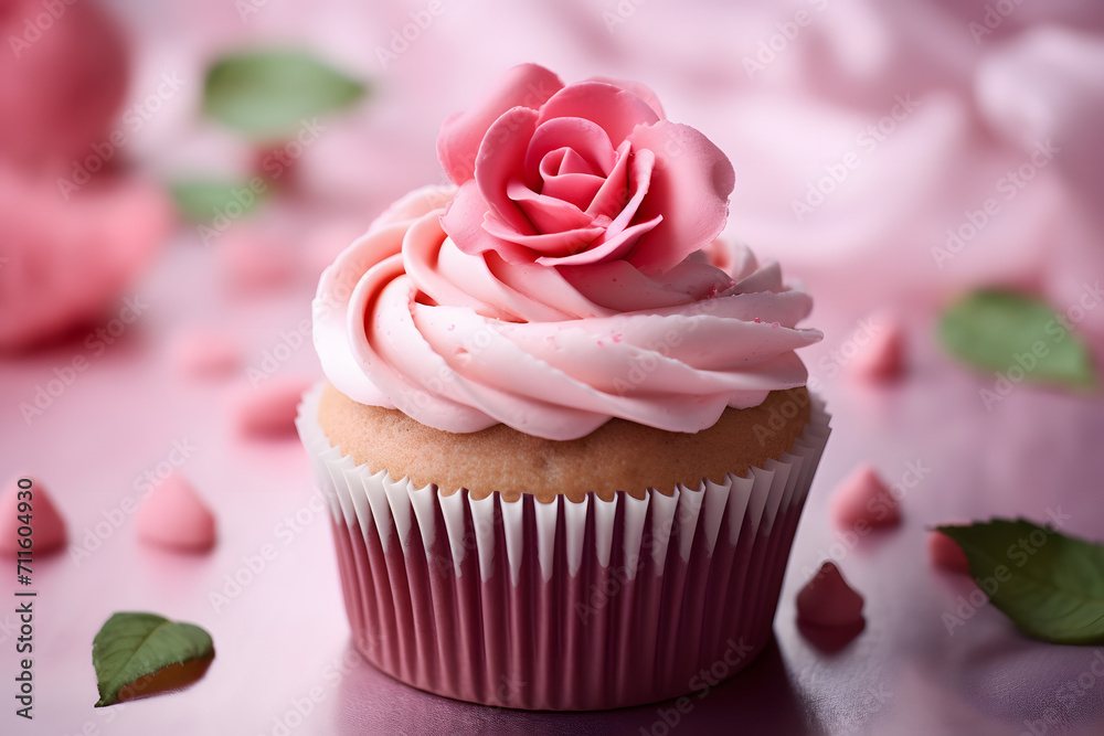 Romantic cupcakes with pink frosting and sugar rose
