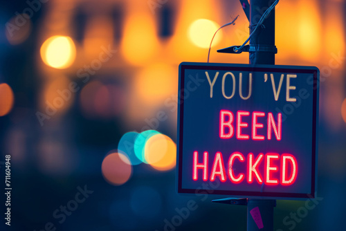 Neon sign saying You've Been Hacked at night with bokeh lights