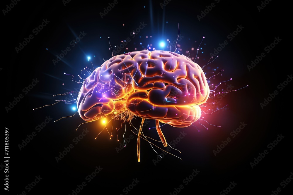 Human Axon Brain dynamic energy lightning and thunderbolt flashes. Brain energy consumption, cerebral blood flow, and oxygenation. Metabolism brain fuel. Metabolic processes ketones and glycolysis.