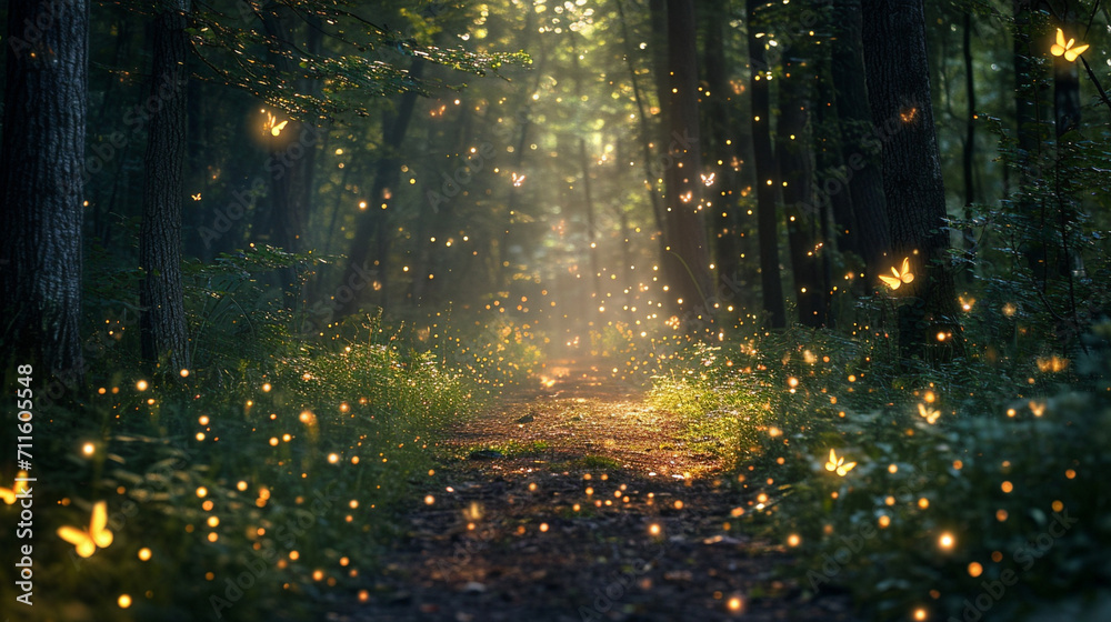 A serene enchanted forest clearing, fireflies weave a luminous dance. Magical creatures join the celebration, casting spells amidst fairy dust, creating a mesmerizing symphony of nature's enchantment. - obrazy, fototapety, plakaty 
