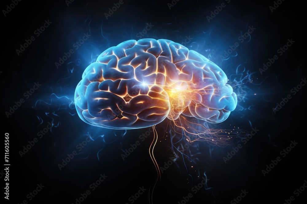 Human Axon Brain dynamic energy lightning and thunderbolt flashes. Brain energy consumption, cerebral blood flow, and oxygenation. Metabolism brain fuel. Metabolic processes ketones and glycolysis.