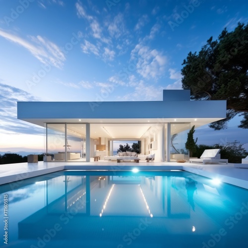 Exterior of amazing modern minimalist cubic villa with large swimming pool