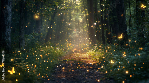 A serene enchanted forest clearing, fireflies weave a luminous dance. Magical creatures join the celebration, casting spells amidst fairy dust, creating a mesmerizing symphony of nature's enchantment.