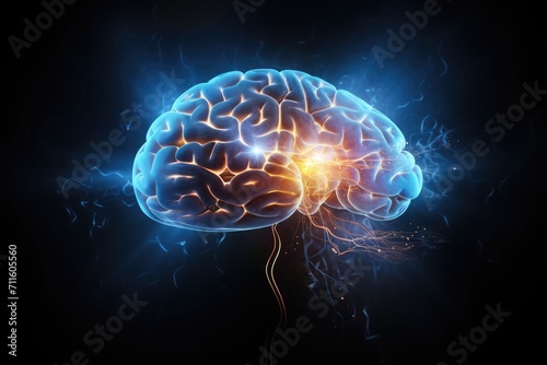 Human Axon Brain dynamic energy lightning and thunderbolt flashes. Brain energy consumption, cerebral blood flow, and oxygenation. Metabolism brain fuel. Metabolic processes ketones and glycolysis. photo
