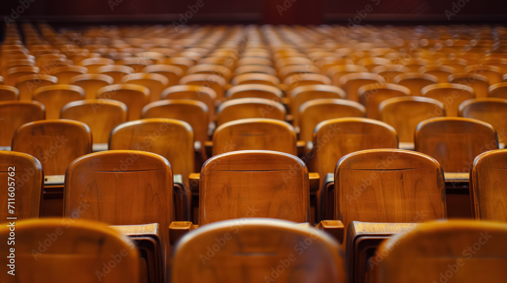 Naklejka premium Rows of empty wooden seats in auditorium.
