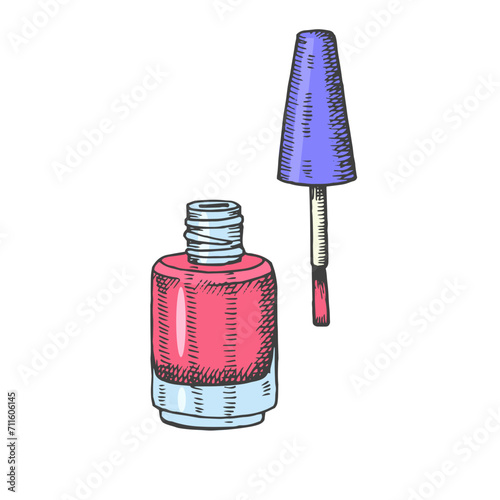 Hand drawn bottle and brush of gel polish, nail polish in sketch style. engraving cosmetics. Vector makeup illustration