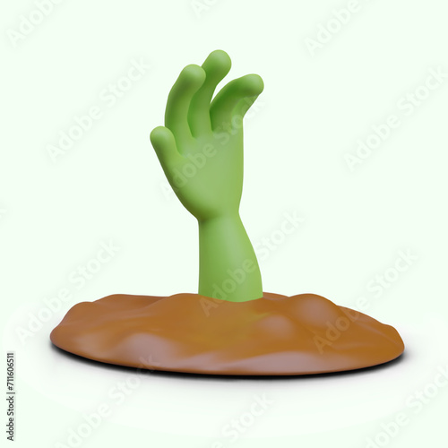 Zombie uprising concept. Green realistic hand sticks out of ground. Dead monster climbs out of grave. Vector illustration for Halloween. Scary web design