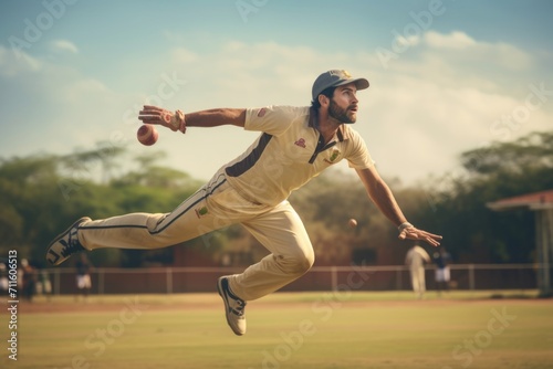 Fielder catching ball in cricket match. photo