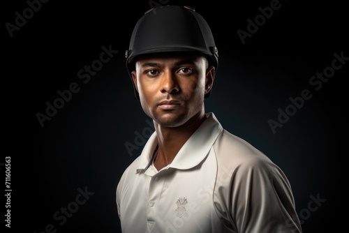 Confident ethnic young man in cricket attire. © darshika
