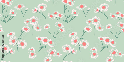 Seamless pattern with simple abstract artistic flowers chamomiles. Cute tiny ditsy branches floral green print. Vector hand drawn sketch. Design ornament for fabric, textile, fabric, children