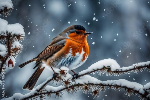 Describe the sensory experience of witnessing a winter robin's song echoing through the frosty air as it perches gracefully among snowy branches.
