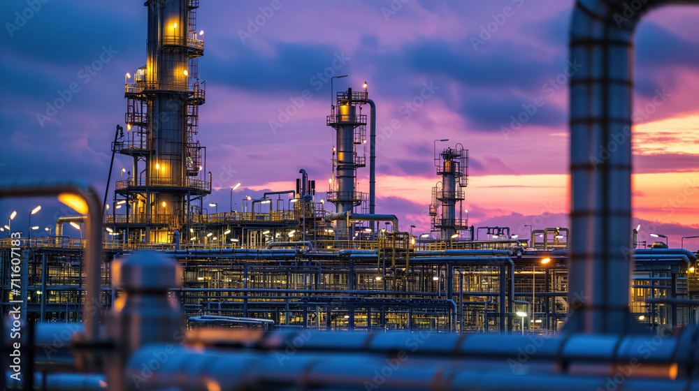 Obraz premium Industrial plant silhouette against twilight sky.