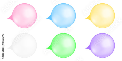 Set of inflated bubble gums. Pink, blue, yellow, white, green, purple chewing bubblegum balls isolated on white background. Cute girly design element. Vector realistic illustration.