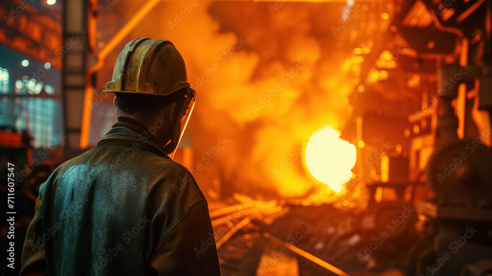 Worker viewing molten metal in foundry. Worker viewing molten metal in foundry.