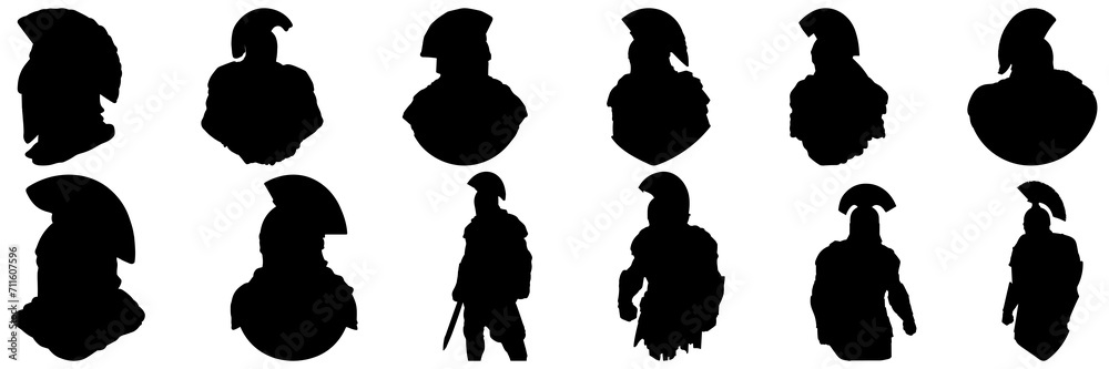 Spartan warrior greek silhouettes set, large pack of vector silhouette design, isolated white background