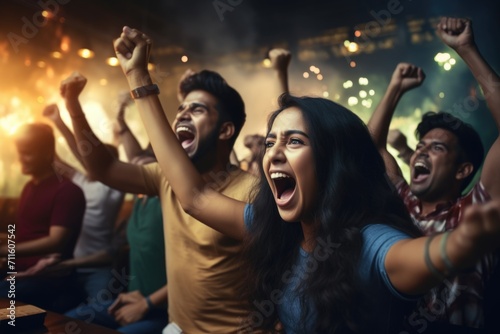 Indian couples celebrating Indias win in live cricket match at home photo