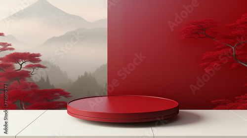Chinese red tree mountain stage podium mockup