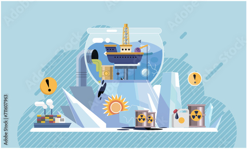 Industrial pollution. Dirty waste. Environmental pollution. Vector illustration. Factory emitting smoke has to be accountable for air quality Toxic waste chemicals are hidden threat to our environment