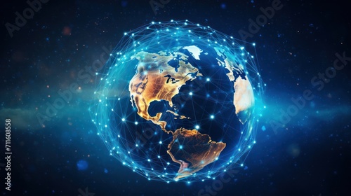 Digital data network conveying global abstract illustration of a scientific technology data network surrounding planet earth conveying connectivity