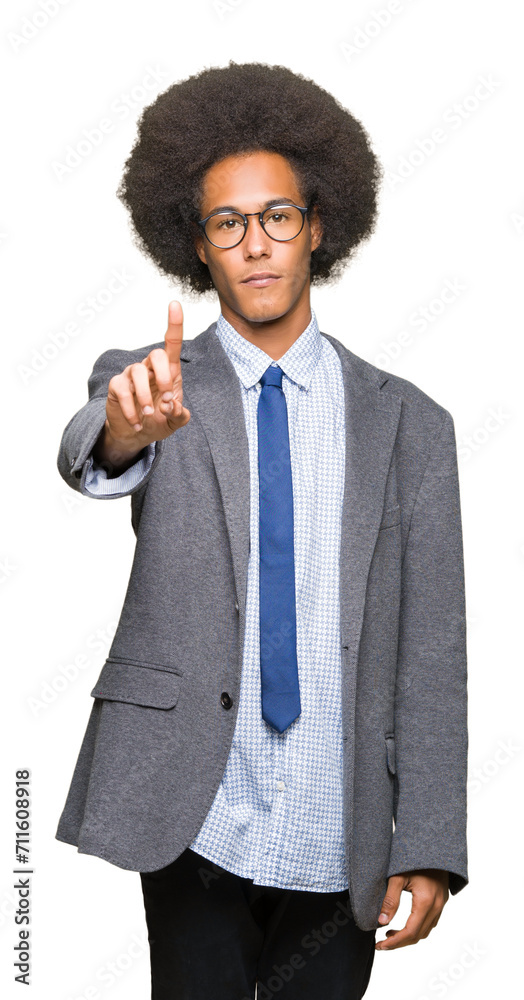 Young african american business man with afro hair wearing glasses Pointing with finger up and angry expression