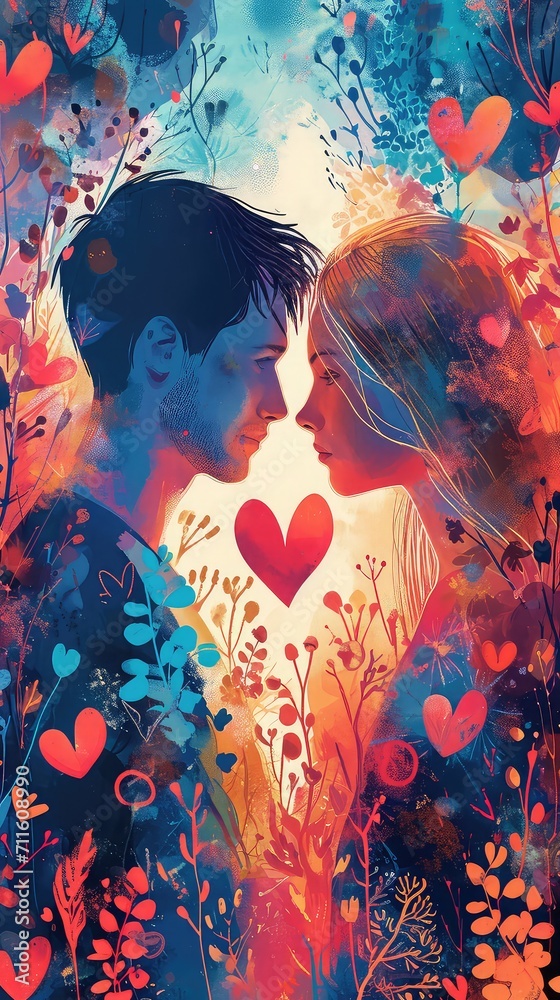 Man dan Woman love each other in unique drawing water color illustration
