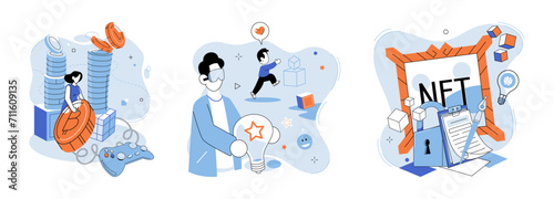 Web 3 vector illustration. The web3 metaphor represents paradigm shift in concept internet and its capabilities Businesses thrive in digital economy by leveraging blockchain technology and Businesses